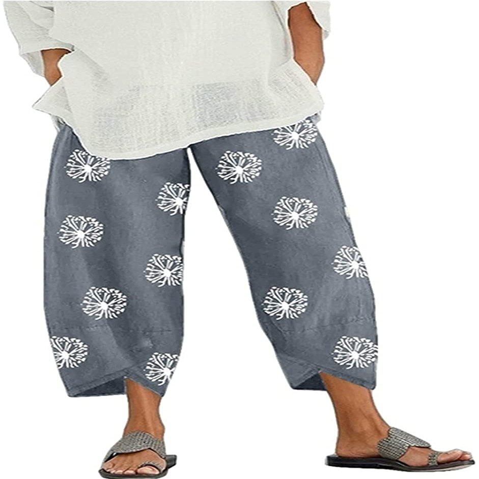 DLFE Summer Pants for Women Casual Pockets Cotton Linen Wide Leg Drawstring Elastic Waist Capris Crop Pants (Small,2-Gray)
