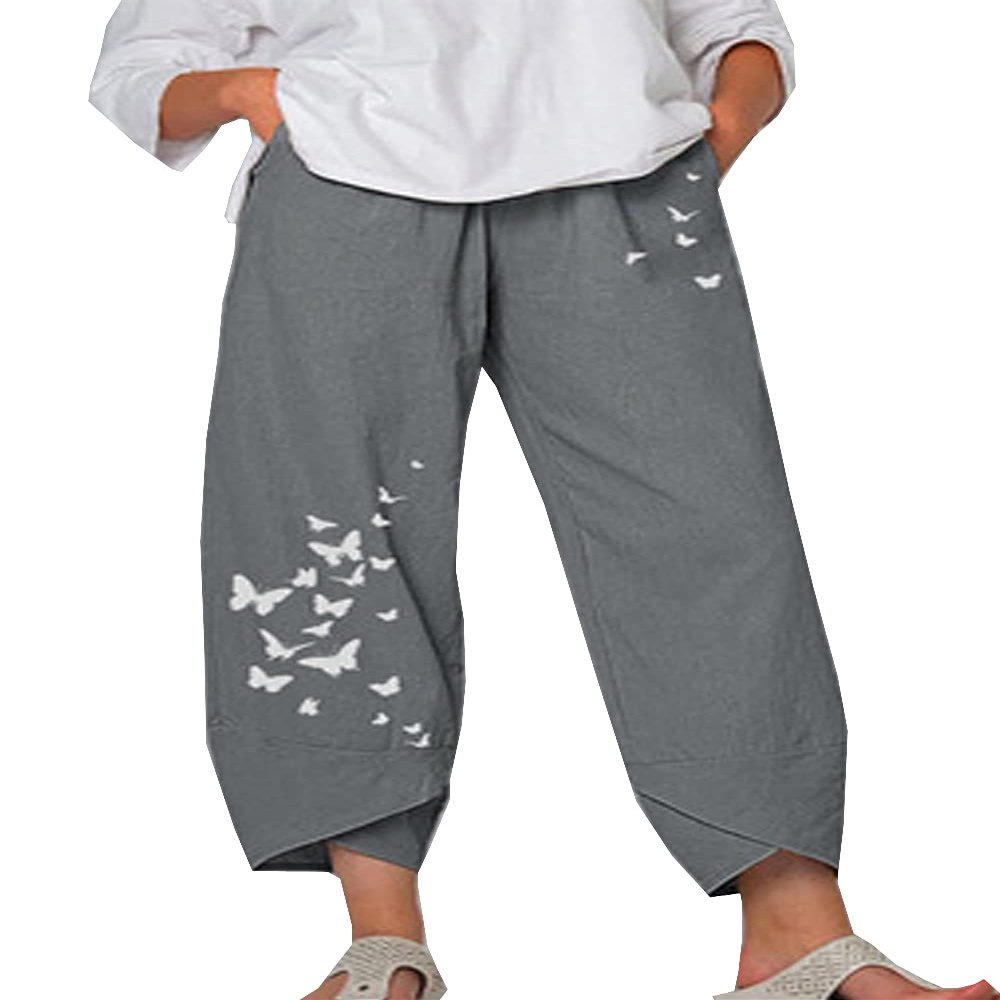 DLFE Summer Pants for Women Casual Pockets Cotton Linen Wide Leg Drawstring Elastic Waist Capris Crop Pants (4X-Large,4-Gray)