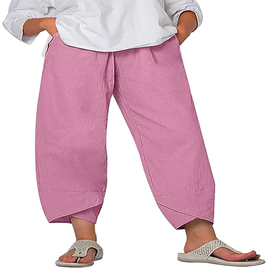 DLFE Summer Pants for Women Casual Pockets Cotton Linen Wide Leg Drawstring Elastic Waist Capris Crop Pants (XX-Large,1-Pink)