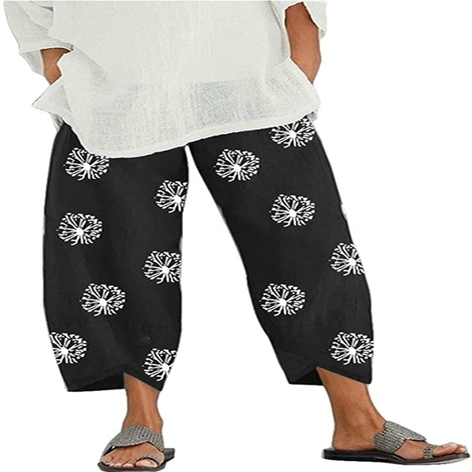 DLFE Summer Pants for Women Casual Pockets Cotton Linen Wide Leg Drawstring Elastic Waist Capris Crop Pants (4X-Large,2-Black)