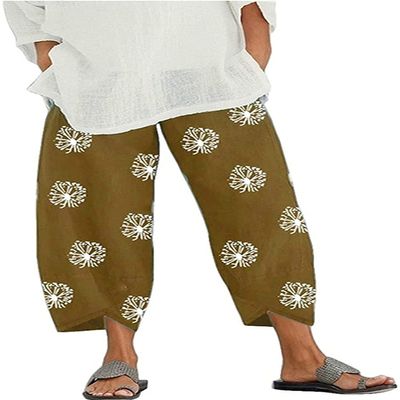 DLFE Summer Pants for Women Casual Pockets Cotton Linen Wide Leg Drawstring Elastic Waist Capris Crop Pants (XX-Large,2-Khaki)