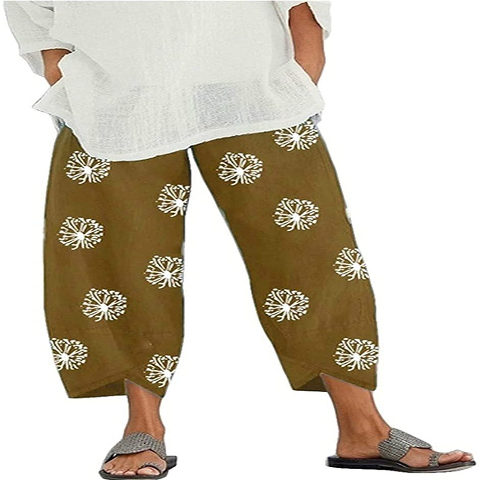 DLFE Summer Pants for Women Casual Pockets Cotton Linen Wide Leg Drawstring Elastic Waist Capris Crop Pants (XX-Large,2-Khaki)