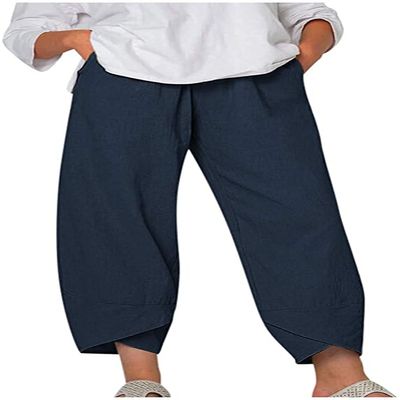 DLFE Summer Pants for Women Casual Pockets Cotton Linen Wide Leg Drawstring Elastic Waist Capris Crop Pants (XX-Large,1-Navy)