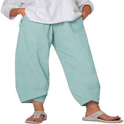 DLFE Summer Pants for Women Casual Pockets Cotton Linen Wide Leg Drawstring Elastic Waist Capris Crop Pants (Medium,1-Light Green)