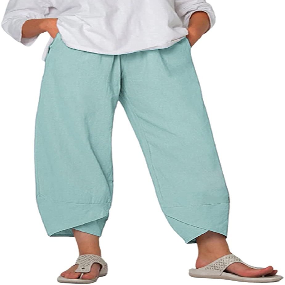 DLFE Summer Pants for Women Casual Pockets Cotton Linen Wide Leg Drawstring Elastic Waist Capris Crop Pants (Medium,1-Light Green)