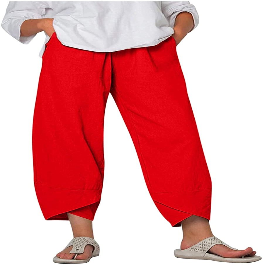 DLFE Summer Pants for Women Casual Pockets Cotton Linen Wide Leg Drawstring Elastic Waist Capris Crop Pants (3X-Large,1-Red)