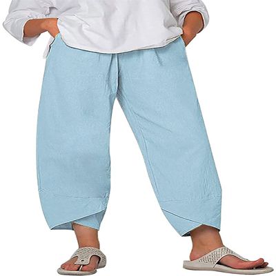 DLFE Summer Pants for Women Casual Pockets Cotton Linen Wide Leg Drawstring Elastic Waist Capris Crop Pants (Medium,1-Light Blue)
