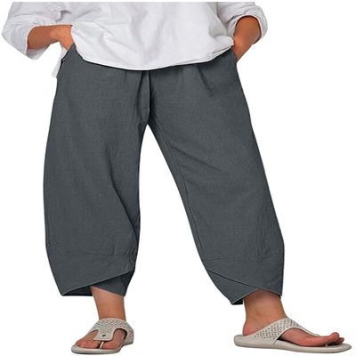 DLFE Summer Pants for Women Casual Pockets Cotton Linen Wide Leg Drawstring Elastic Waist Capris Crop Pants (3X-Large,1-Dary Gray)