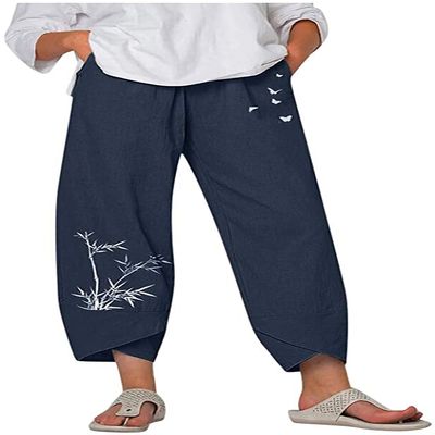 DLFE Summer Pants for Women Casual Pockets Cotton Linen Wide Leg Drawstring Elastic Waist Capris Crop Pants (XX-Large,3-Navy)