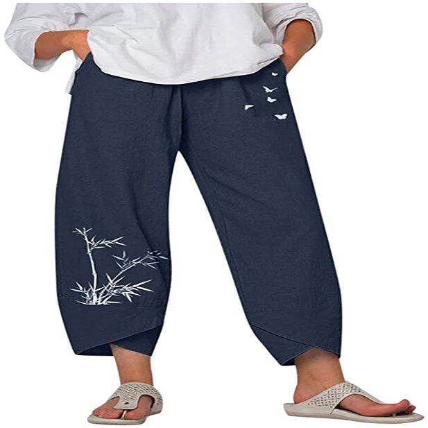 DLFE Summer Pants for Women Casual Pockets Cotton Linen Wide Leg Drawstring Elastic Waist Capris Crop Pants (XX-Large,3-Navy)