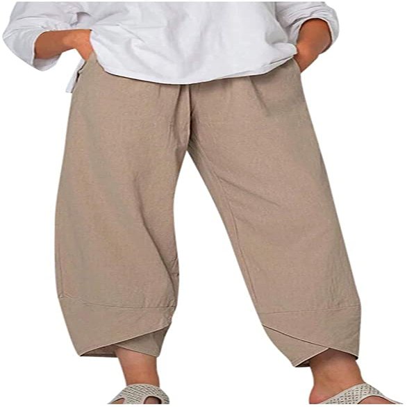 DLFE Summer Pants for Women Casual Pockets Cotton Linen Wide Leg Drawstring Elastic Waist Capris Crop Pants (XX-Large,1-Khaki)