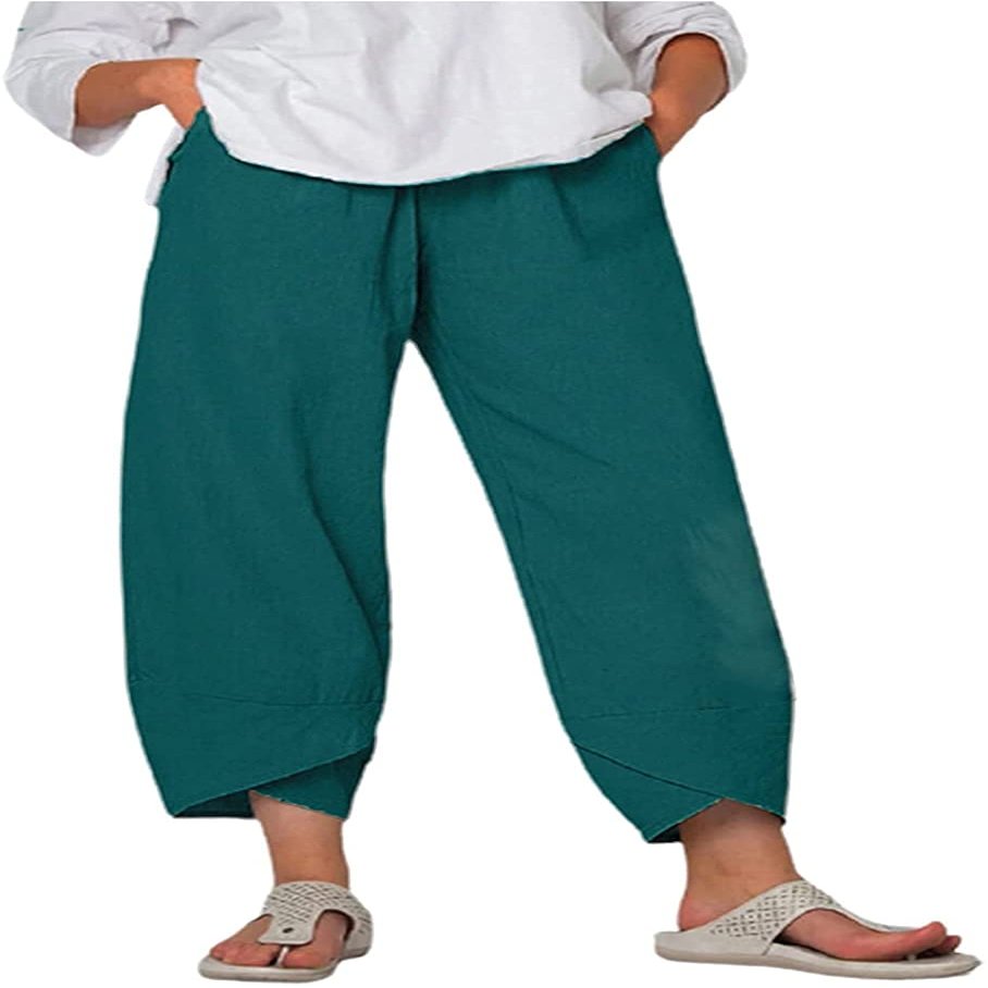 DLFE Summer Pants for Women Casual Pockets Cotton Linen Wide Leg Drawstring Elastic Waist Capris Crop Pants (XX-Large,1-Green)