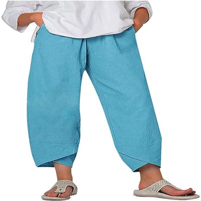 DLFE Summer Pants for Women Casual Pockets Cotton Linen Wide Leg Drawstring Elastic Waist Capris Crop Pants (Large,1-Blue)