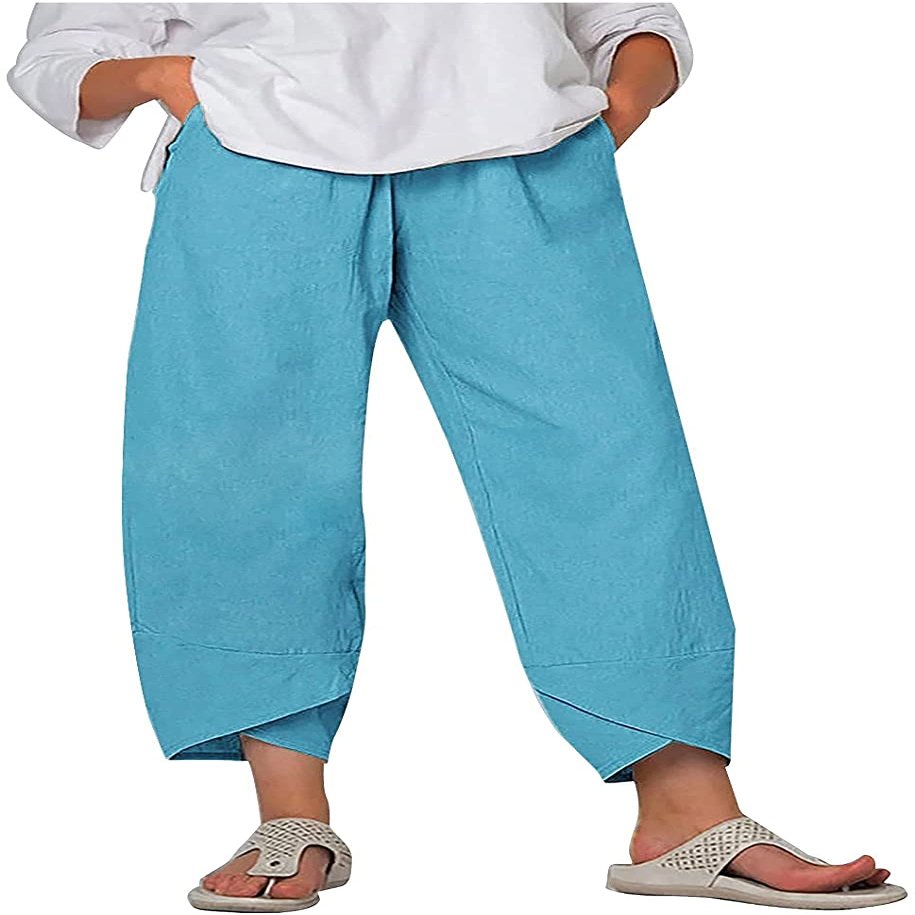 DLFE Summer Pants for Women Casual Pockets Cotton Linen Wide Leg Drawstring Elastic Waist Capris Crop Pants (Small,1-Blue)