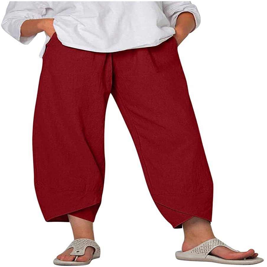 DLFE Summer Pants for Women Casual Pockets Cotton Linen Wide Leg Drawstring Elastic Waist Capris Crop Pants (Small,1-Wine)