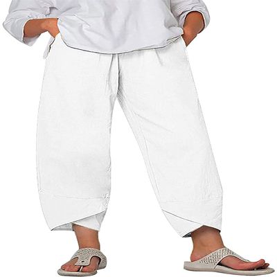 DLFE Summer Pants for Women Casual Pockets Cotton Linen Wide Leg Drawstring Elastic Waist Capris Crop Pants (X-Large,1-White)