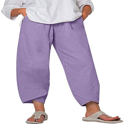 DLFE Summer Pants for Women Casual Pockets Cotton Linen Wide Leg Drawstring Elastic Waist Capris Crop Pants (X-Large,1-Purple)