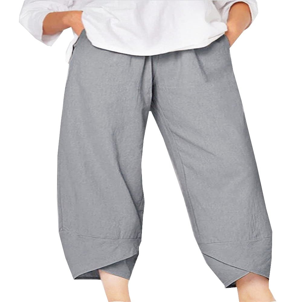 DLFE Summer Pants for Women Casual Pockets Cotton Linen Wide Leg Drawstring Elastic Waist Capris Crop Pants (5X-Large,1-Gary)