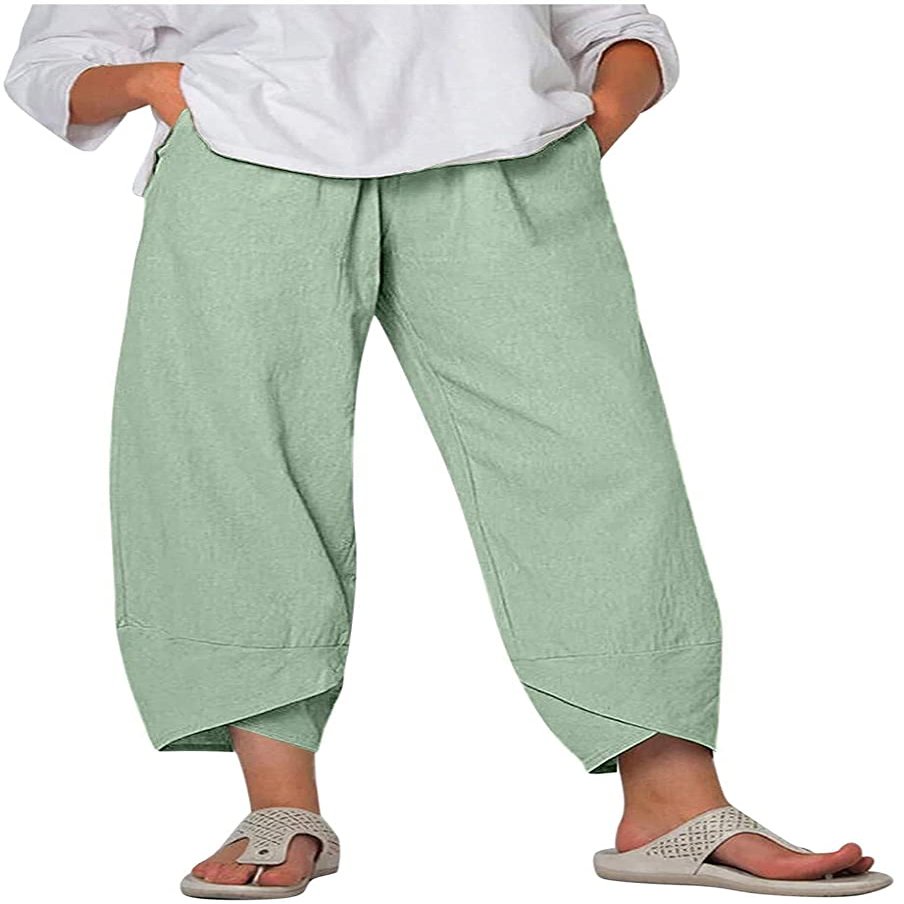 DLFE Summer Pants for Women Casual Pockets Cotton Linen Wide Leg Drawstring Elastic Waist Capris Crop Pants (XX-Large,1-Mint Green)
