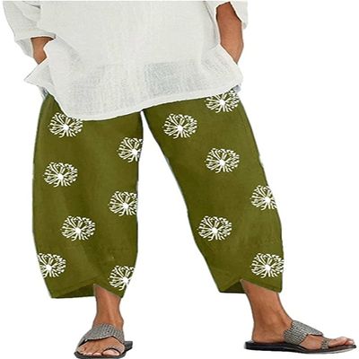 DLFE Summer Pants for Women Casual Pockets Cotton Linen Wide Leg Drawstring Elastic Waist Capris Crop Pants (X-Large,2-Green)