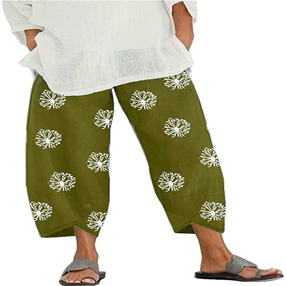 DLFE Summer Pants for Women Casual Pockets Cotton Linen Wide Leg Drawstring Elastic Waist Capris Crop Pants (X-Large,2-Green)
