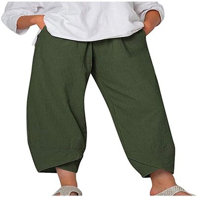 DLFE Summer Pants for Women Casual Pockets Cotton Linen Wide Leg Drawstring Elastic Waist Capris Crop Pants (4X-Large,1-Army Green)