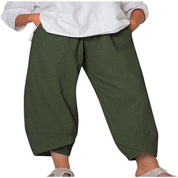 DLFE Summer Pants for Women Casual Pockets Cotton Linen Wide Leg Drawstring Elastic Waist Capris Crop Pants (4X-Large,1-Army Green)