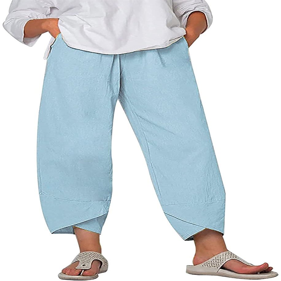 DLFE Summer Pants for Women Casual Pockets Cotton Linen Wide Leg Drawstring Elastic Waist Capris Crop Pants (Small,1-Light Blue)