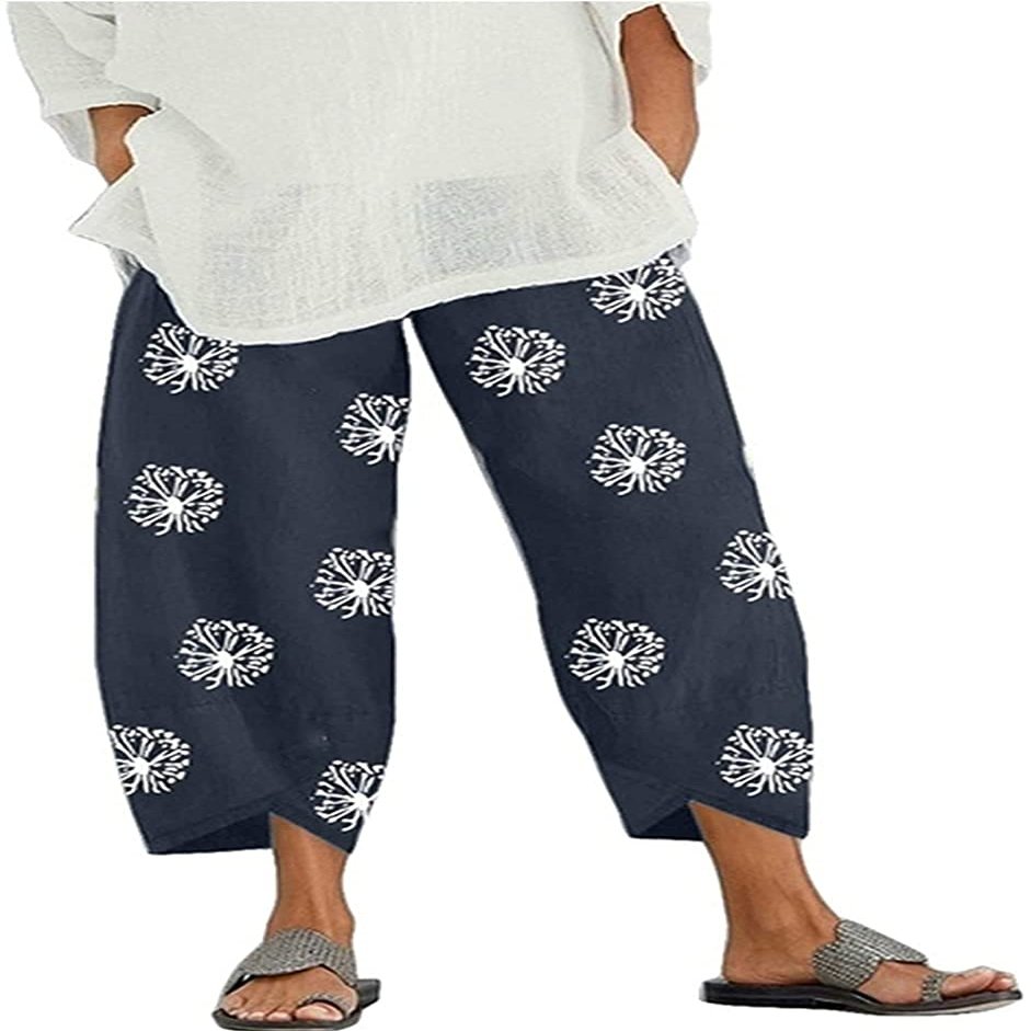 DLFE Summer Pants for Women Casual Pockets Cotton Linen Wide Leg Drawstring Elastic Waist Capris Crop Pants (X-Large,2-Navy)