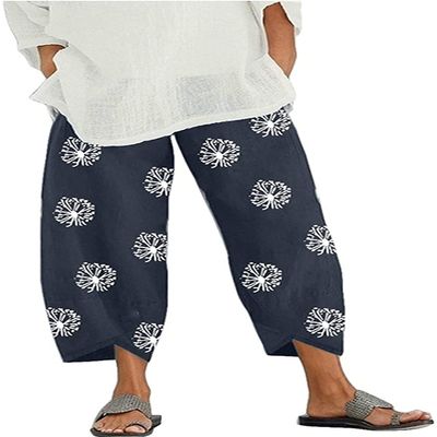 DLFE Summer Pants for Women Casual Pockets Cotton Linen Wide Leg Drawstring Elastic Waist Capris Crop Pants (5X-Large,2-Navy)