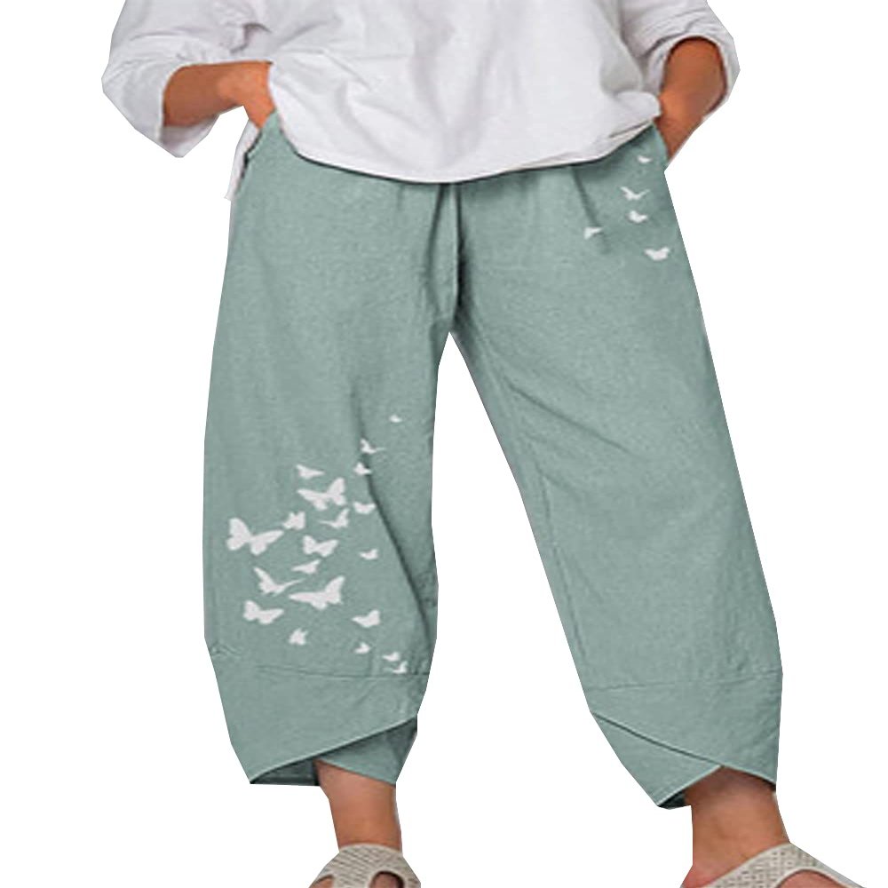 DLFE Summer Pants for Women Casual Pockets Cotton Linen Wide Leg Drawstring Elastic Waist Capris Crop Pants (Medium,4-Green)