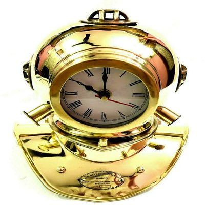 Antique Nautical Shinny Brass Divers Diving Helmet Clock Vintage Desk Decorative Item