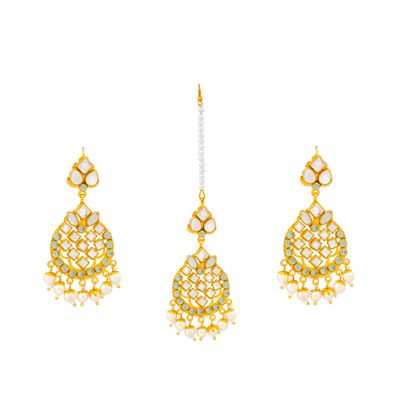 Bodha Traditional Indian Gold Plated Fashion Designer Kundan Chandbali Earring and Maang Tikka Combo Set for Women (SJ_1510)