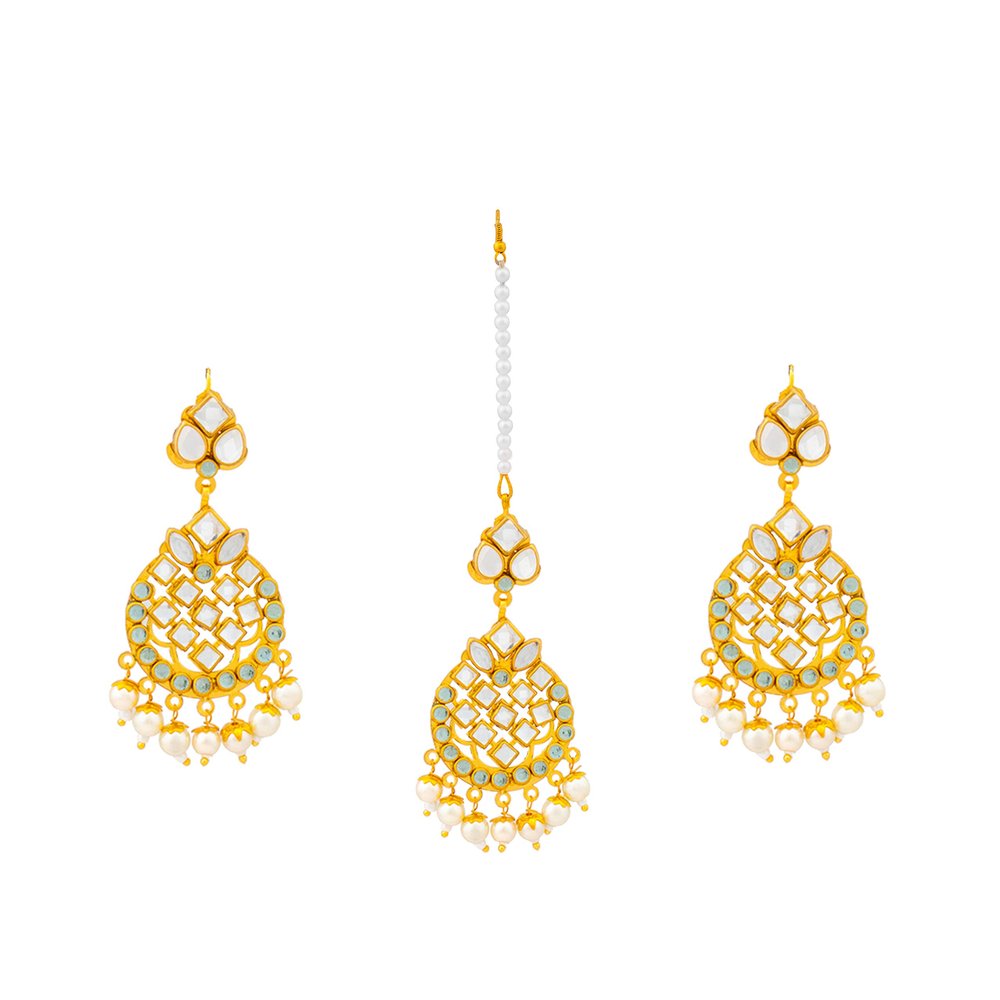 Bodha Traditional Indian Gold Plated Fashion Designer Kundan Chandbali Earring and Maang Tikka Combo Set for Women (SJ_1510)
