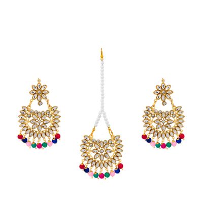 Bodha Traditional Indian Gold Plated Fashion Designer Kundan Chandbali Earring and Maang Tikka Combo Set for Women (SJ_1506)