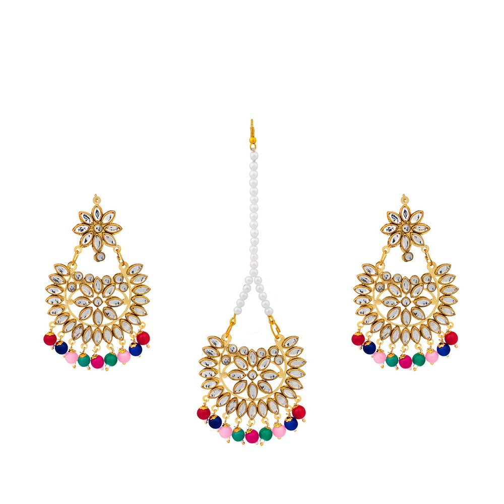 Bodha Traditional Indian Gold Plated Fashion Designer Kundan Chandbali Earring and Maang Tikka Combo Set for Women (SJ_1506)