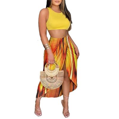 Yeshire Women's Sexy Floral Boho Tank Crop Top Bodycon Long Slit Skirt 2 Pieces Outfit Dress Medium Yellow Stripe