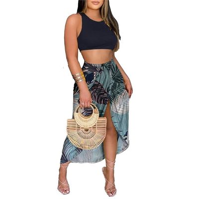 Yeshire Women's Sexy Floral Boho Tank Crop Top Bodycon Long Slit Skirt 2 Pieces Outfit Dress Large Black Leaf
