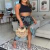 Yeshire Women's Sexy Floral Boho Tank Crop Top Bodycon Long Slit Skirt 2 Pieces Outfit Dress Large Black Leaf view 2