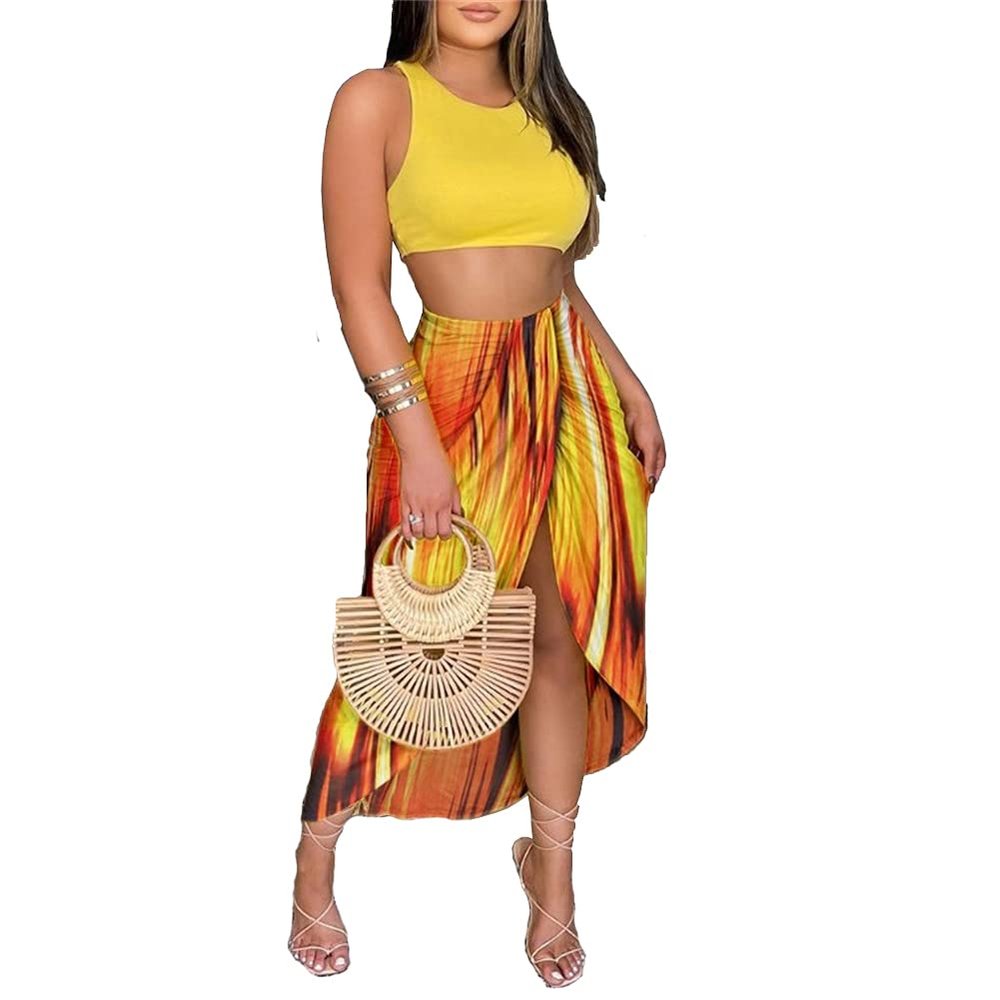 Yeshire Women's Sexy Floral Boho Tank Crop Top Bodycon Long Slit Skirt 2 Pieces Outfit Dress X-Large Yellow Stripe
