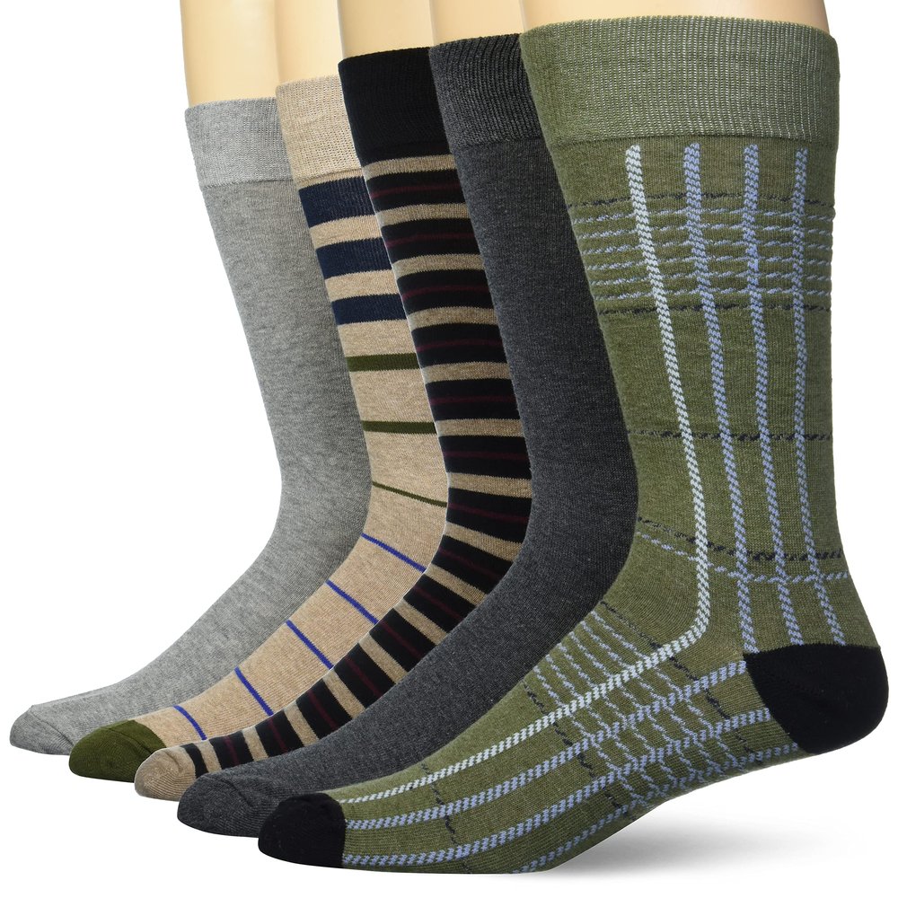 Amazon Essentials Men's Patterned Dress Crew Socks, 5 Pairs, Black/Brown/Dark Grey/Green/Grey, 13-15