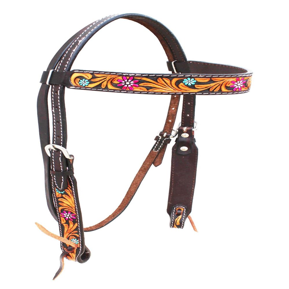 CHALLENGER Horse Western Tack Floral Tooled Browband Leather Bridle Headstall 78HR65HB