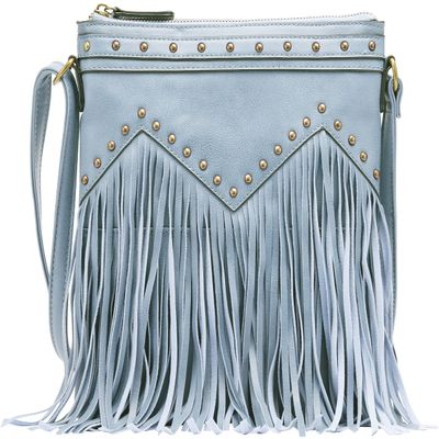 B BRENTANO Vegan Fringed Crossbody Bag with Studs (Blue Gray)