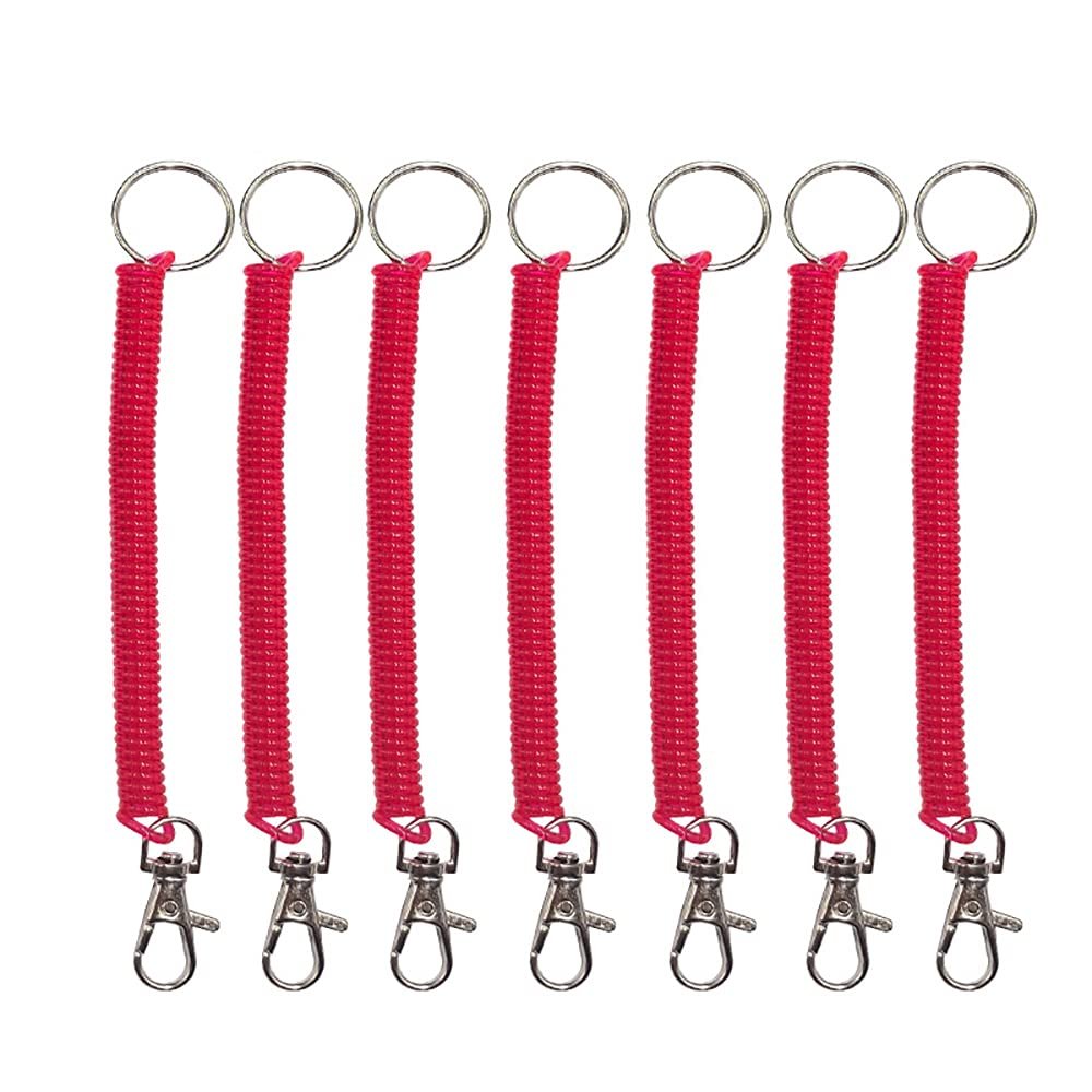 SENRISE 7Pcs Spring Coil Flexible Retractable Theftproof Anti-Lost Elastic Stretchy Key Chain Ring Badge Card Clip Leash Lanyards with Slipping Switch Hook Snap - Bright Pink 12cm