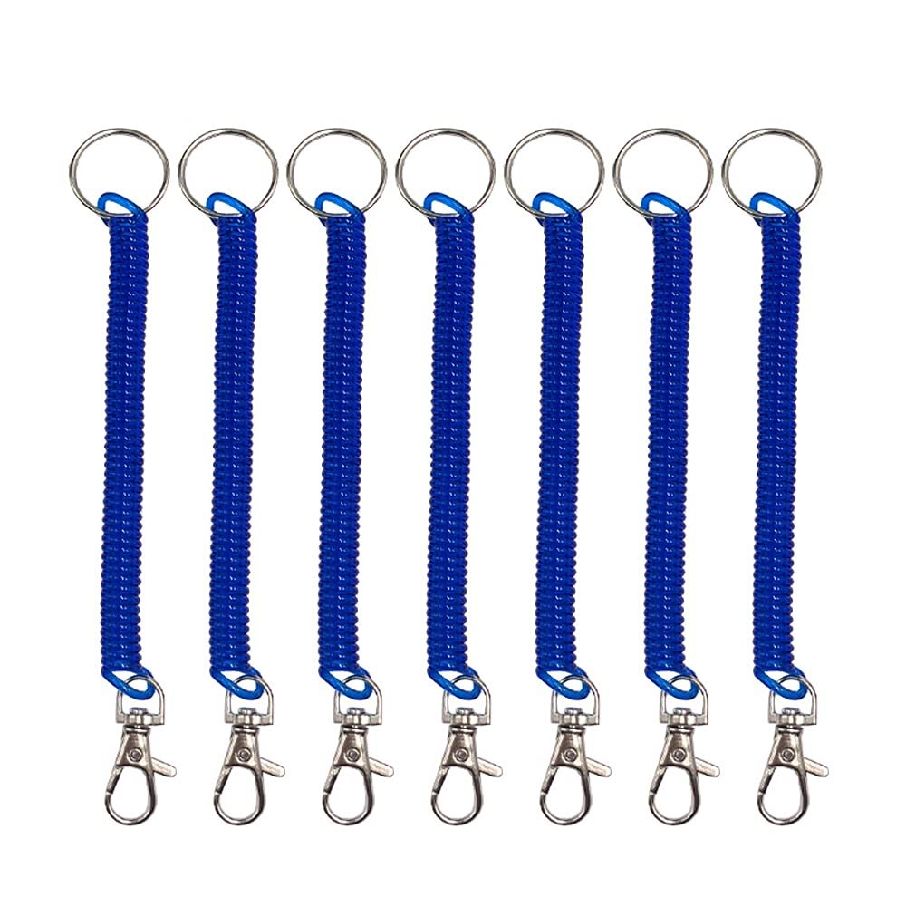 SENRISE 7Pcs Spring Coil Flexible Retractable Theftproof Anti-Lost Elastic Stretchy Key Chain Ring Badge Card Clip Leash Lanyards with Slipping Switch Hook Snap - Bright Blue 12cm