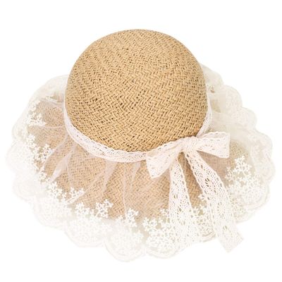 Summer Lace Straw Hats for Girls Wide Brim Floppy Beach Sun Visor Hat with lace Bowknot Khaki