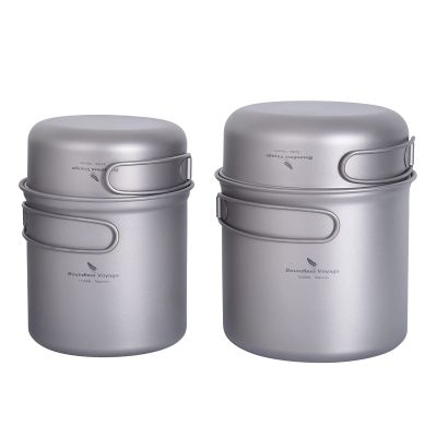 Boundless Voyage 2 Pieces Set Titanium Pan Pot Set with Folding Handle Ultralight for Outdoor Camping Picnic Cooking Tableware Dishes A-Ti2052C