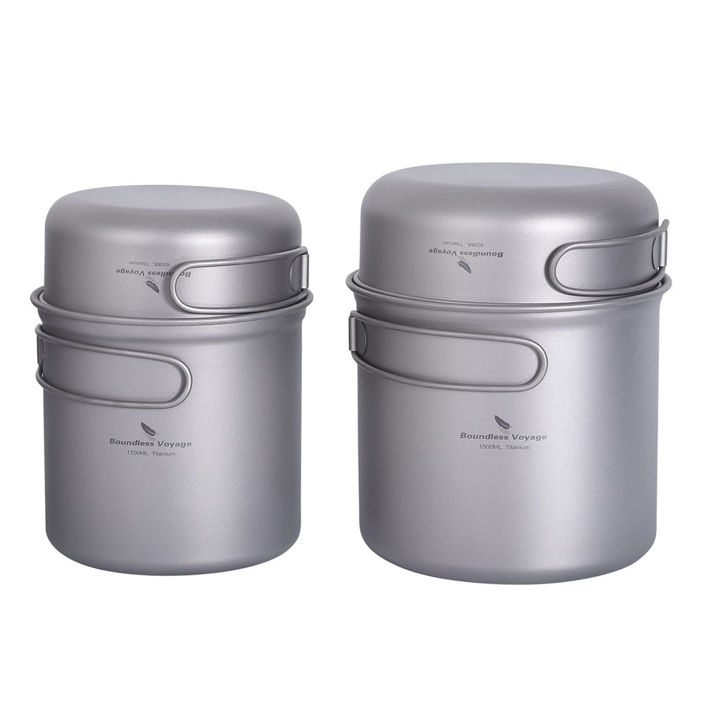 Boundless Voyage 2 Pieces Set Titanium Pan Pot Set with Folding Handle Ultralight for Outdoor Camping Picnic Cooking Tableware Dishes A-Ti2052C