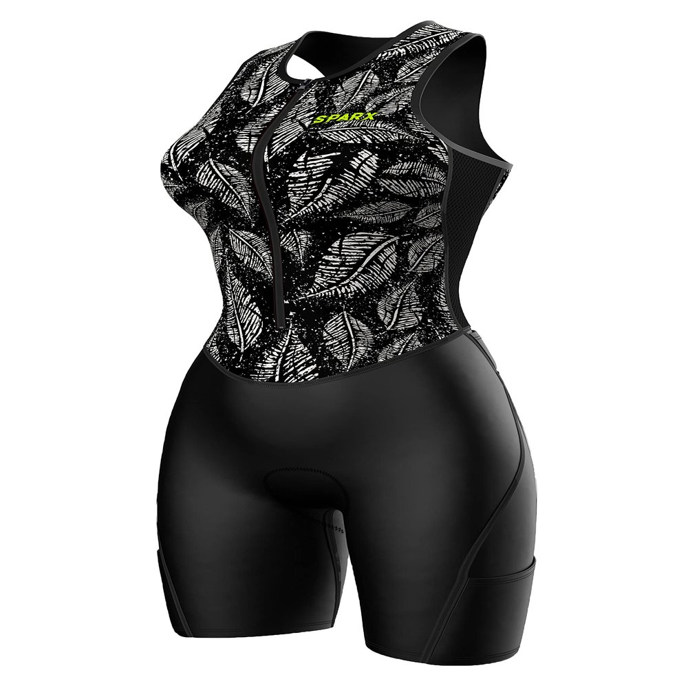 Sparx Women Triathlon Suit Tri Short Racing Cycling Swim Run (Medium, Broken Leafs) Black