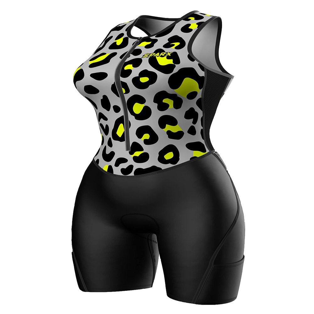 Sparx Women Triathlon Suit Tri Short Racing Cycling Swim Run (Small, Gray Leopard)